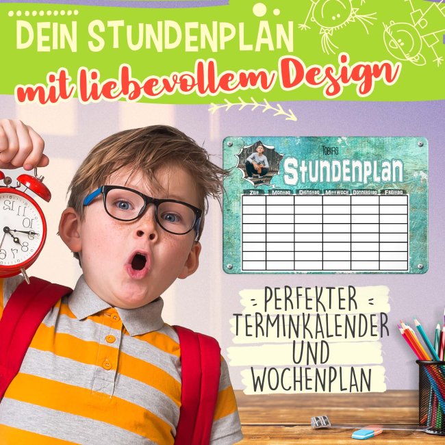 Abwischbarer Stundenplan - Metallschild magnetisch inkl. Stift - Cool - mit Foto und Name personalisierbar