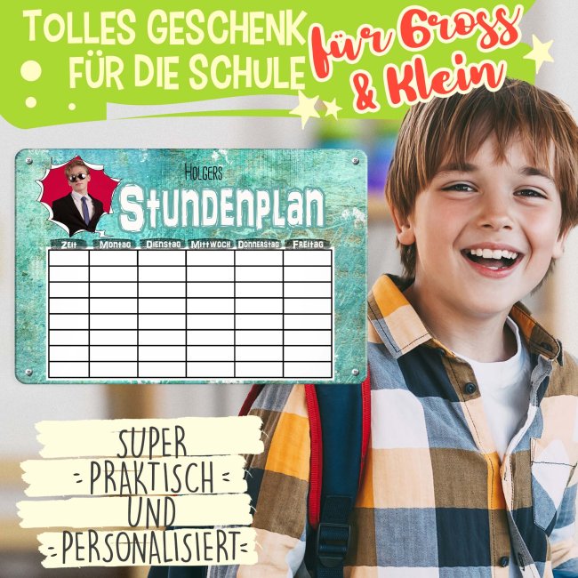 Abwischbarer Stundenplan - Metallschild magnetisch inkl. Stift - Cool - mit Foto und Name personalisierbar