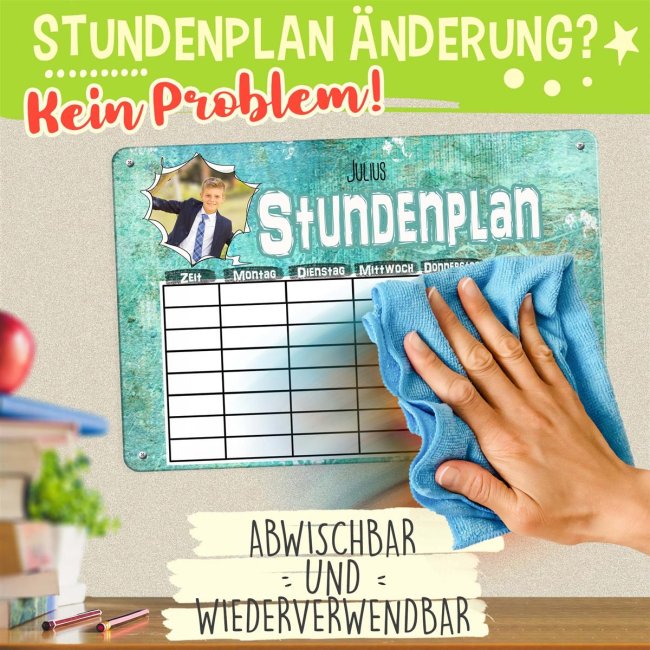 Abwischbarer Stundenplan - Metallschild magnetisch inkl. Stift - Cool - mit Foto und Name personalisierbar