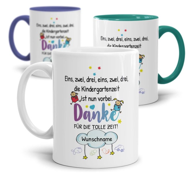 Personalisierbare Tasse f&uuml;r Erzieher - Eins, Zwei, Drei - Danke f&uuml;r die tolle Zeit - mit Name