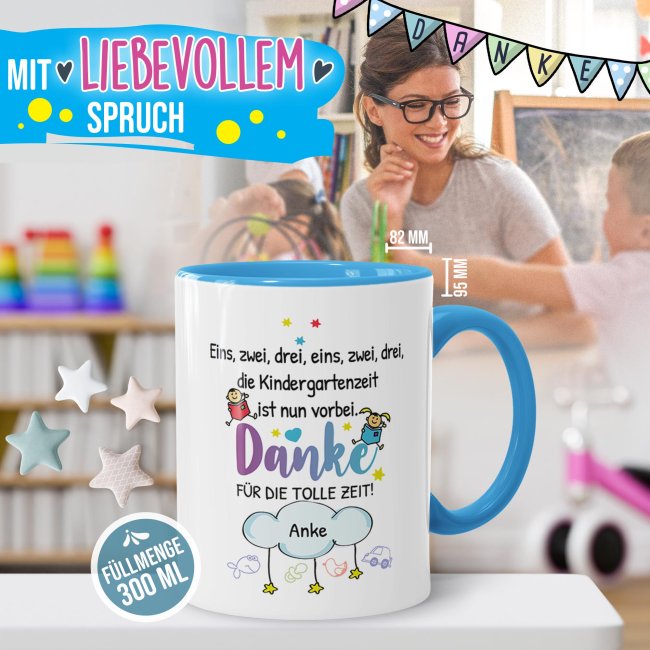 Personalisierbare Tasse f&uuml;r Erzieher - Eins, Zwei, Drei - Danke f&uuml;r die tolle Zeit - mit Name