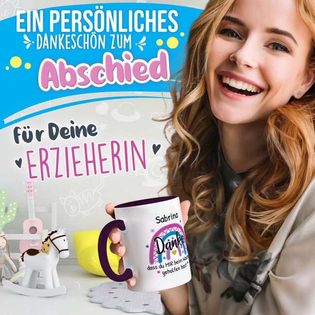 Erzieherin-Tasse - Danke, dass du mir beim Wachsen geholfen hast - Regenbogen Pink - mit Name