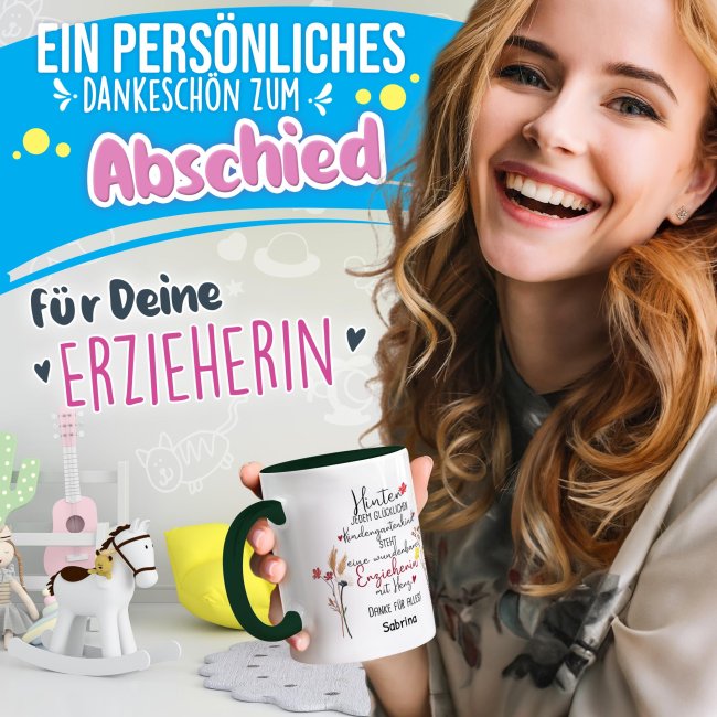 Tasse f&uuml;r Erzieherin - Hinter jedem Kind - Blumen - mit Name personalisierbar - Dunkelgr&uuml;n