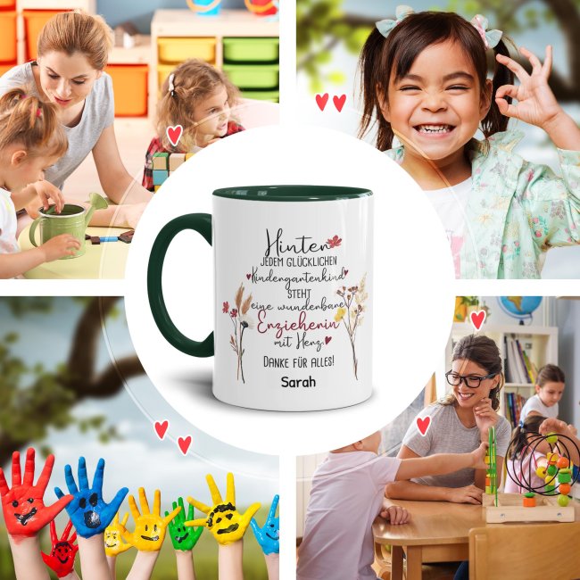 Tasse f&uuml;r Erzieherin - Hinter jedem Kind - Blumen - mit Name personalisierbar - Dunkelgr&uuml;n