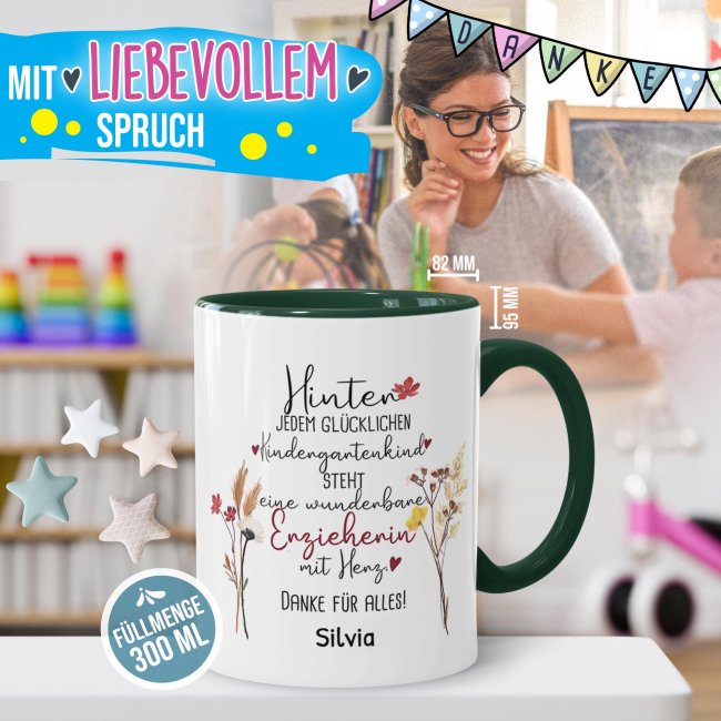 Tasse f&uuml;r Erzieherin - Hinter jedem Kind - Blumen - mit Name personalisierbar - Dunkelgr&uuml;n