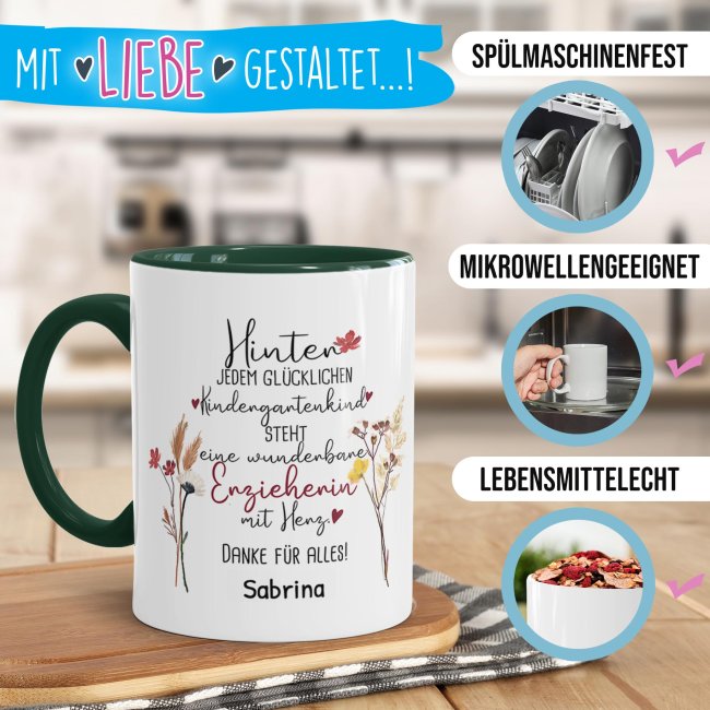 Tasse f&uuml;r Erzieherin - Hinter jedem Kind - Blumen - mit Name personalisierbar - Dunkelgr&uuml;n