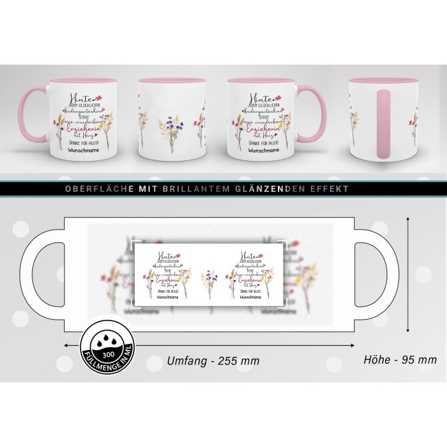 Tasse f&uuml;r Erzieherin - Hinter jedem Kind - Blumen - mit Name personalisierbar - Rosa