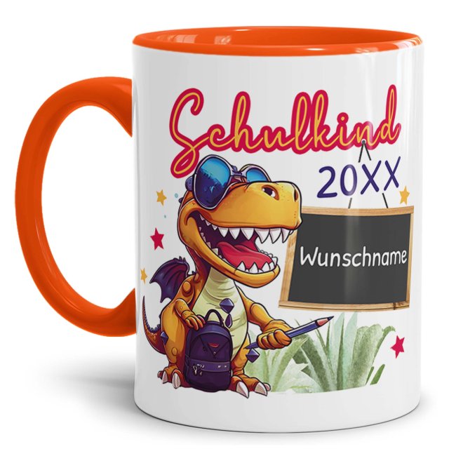 Tasse zur Einschulung - Dino - Schulkind - mit Jahr und Name personalisierbar - Orange