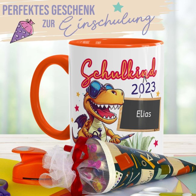 Tasse zur Einschulung - Dino - Schulkind - mit Jahr und Name personalisierbar - Orange