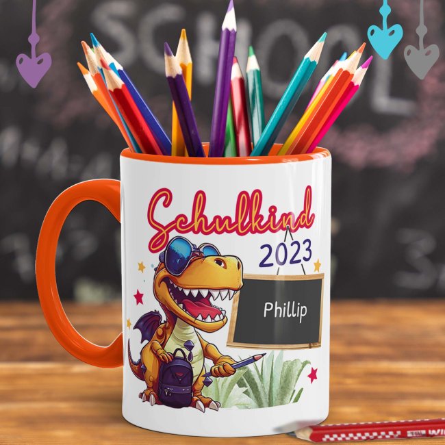 Tasse zur Einschulung - Dino - Schulkind - mit Jahr und Name personalisierbar - Orange