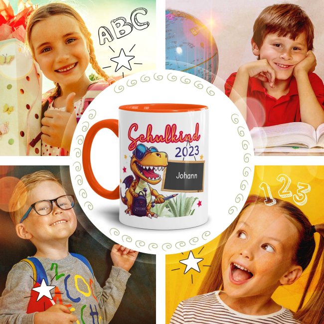 Tasse zur Einschulung - Dino - Schulkind - mit Jahr und Name personalisierbar - Orange