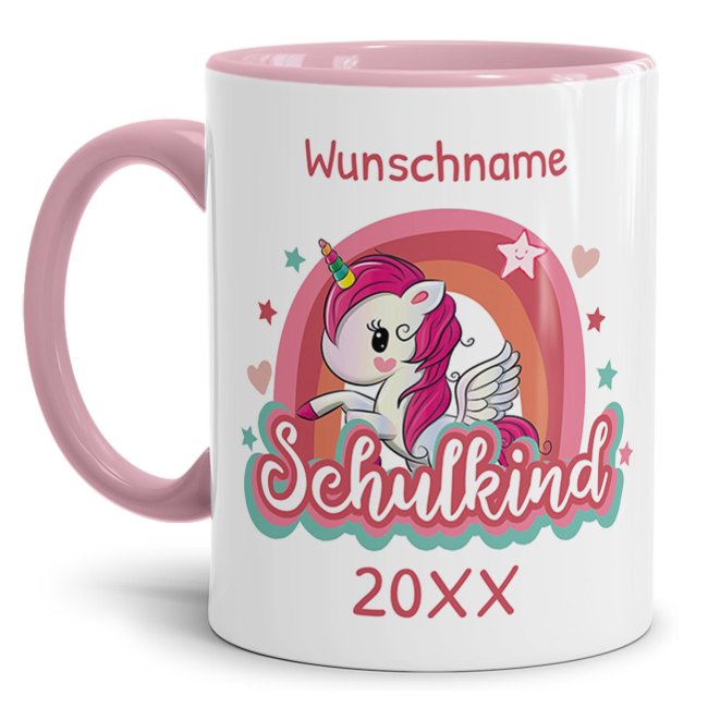 Tasse zur Einschulung - Einhorn - Schulkind - mit Jahr und Name personalisierbar - Rosa