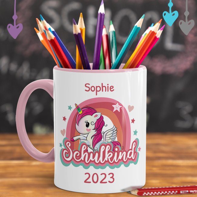 Tasse zur Einschulung - Einhorn - Schulkind - mit Jahr und Name personalisierbar - Rosa