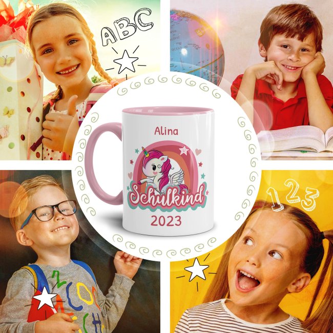 Tasse zur Einschulung - Einhorn - Schulkind - mit Jahr und Name personalisierbar - Rosa