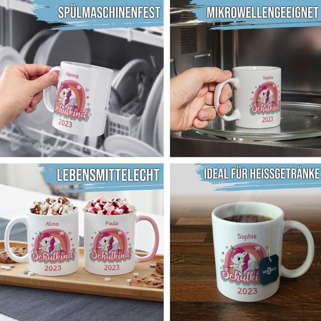 Tasse zur Einschulung - Einhorn - Schulkind - mit Jahr und Name personalisierbar - Rosa