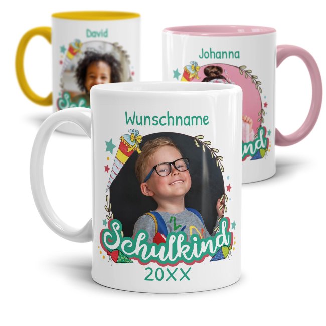 Personaliserte Tasse zum Schulstart - Schulkind T&uuml;rkis - mit Foto, Jahr und Name