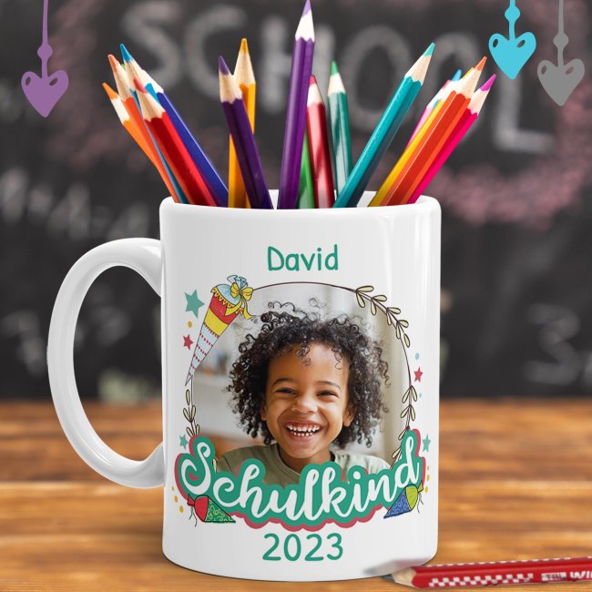 Personaliserte Tasse zum Schulstart - Schulkind T&uuml;rkis - mit Foto, Jahr und Name