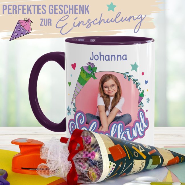 Tasse zur Einschulung - Schulkind Rosa - mit Foto, Jahr und Name personalisierbar