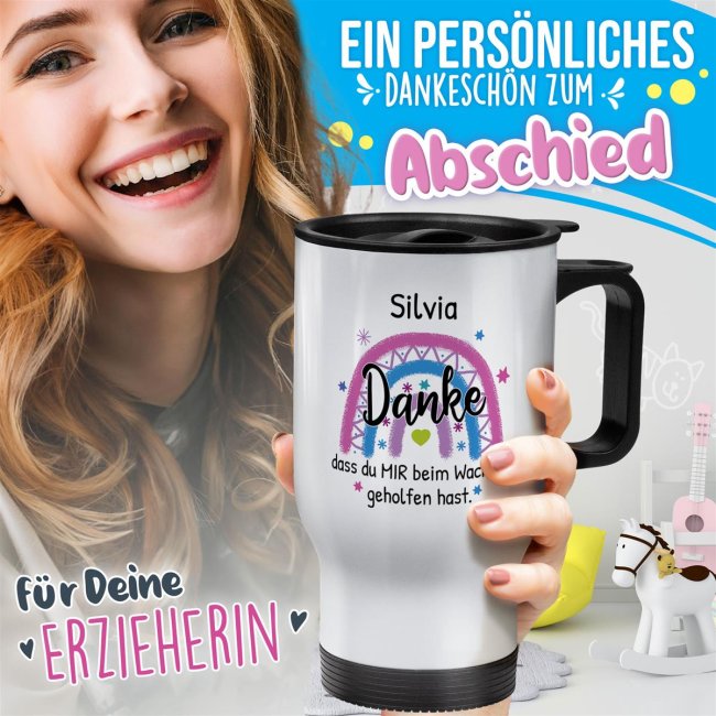 Thermobecher f&uuml;r Erzieherin - Danke, geholfen hast - Regenbogen Rosa - mit Name personalisierbar - Wei&szlig;