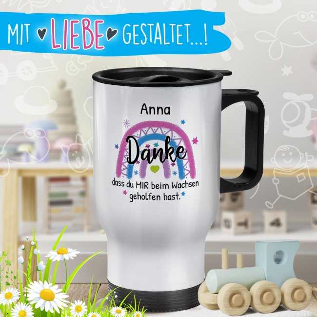 Thermobecher f&uuml;r Erzieherin - Danke, geholfen hast - Regenbogen Rosa - mit Name personalisierbar - Wei&szlig;