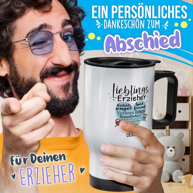 Thermobecher f&uuml;r Erzieher - Lieblingserzieher - mit Name personalisierbar - Wei&szlig;