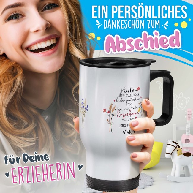 Thermobecher f&uuml;r Erzieherin - Hinter jedem Kind - Blumen - mit Name personalisierbar - Wei&szlig;