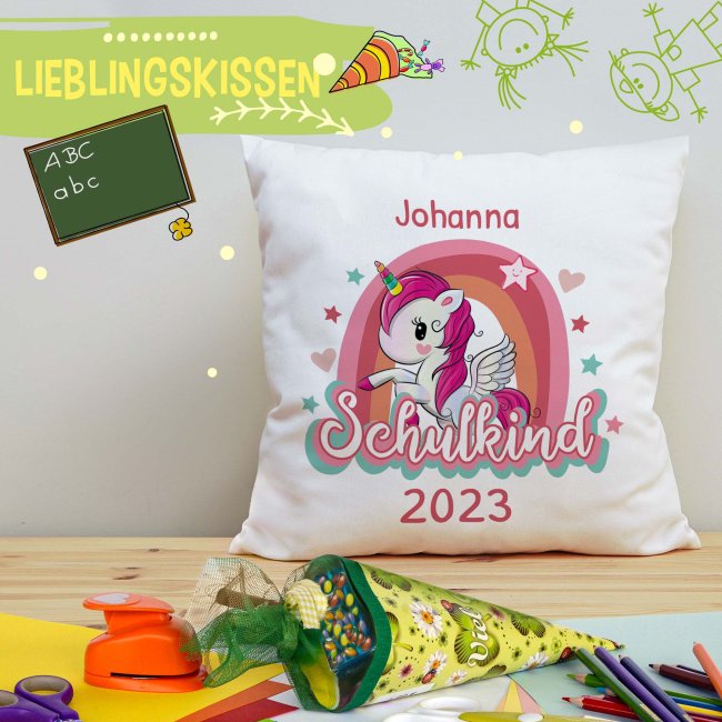 Flauschkissen zur Einschulung - Schulkind Einhorn - mit Name und Jahr personalisierbar