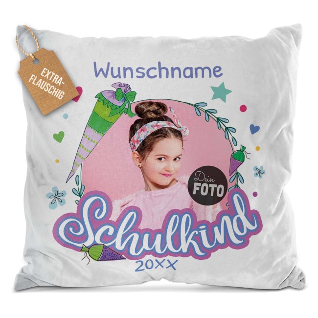 Flauschkissen mit Foto zur Einschulung - Schulkind rosa Rahmen - mit Name und Jahr personalisierbar