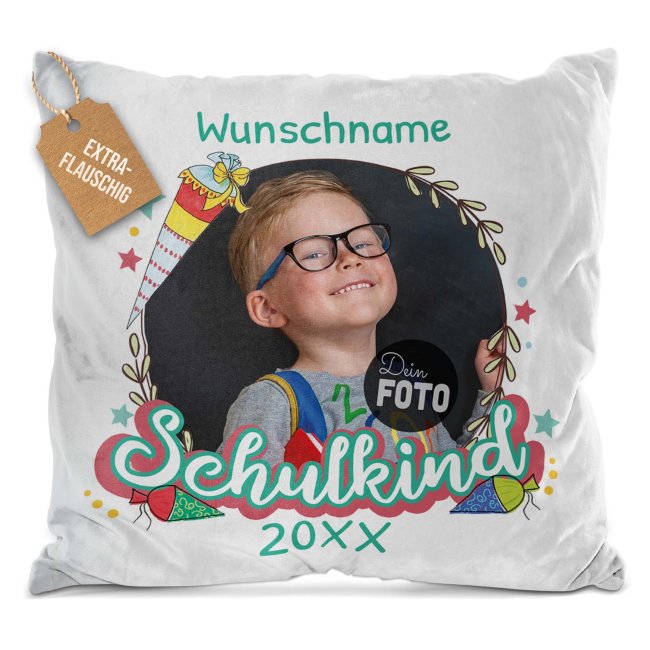 Flauschkissen mit Foto zur Einschulung - Schulkind blauer Rahmen - mit Name und Jahr personalisierbar