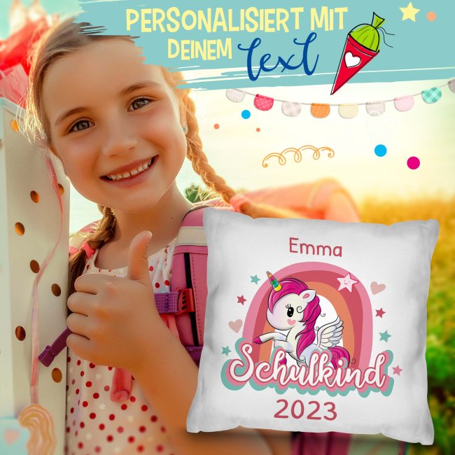 Kissen zur Einschulung - Schulkind Einhorn - mit Name und Jahr personalisierbar