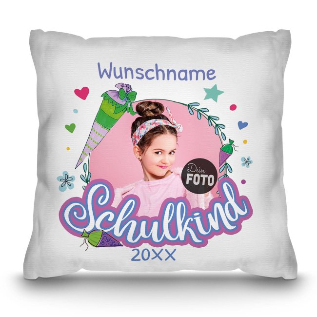 Fotokissen zur Einschulung - Schulkind rosa Rahmen - mit Foto, Name und Jahr personalisierbar