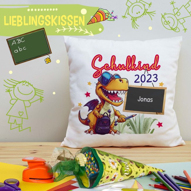 Flauschkissen zur Einschulung - Schulkind Dino - mit Name und Jahr personalisierbar