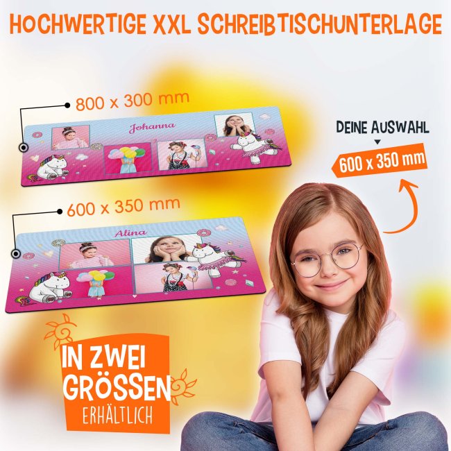 Schreibtischunterlage f&uuml;r Kinder - Einhorn - Donuts - mit Fotos und Name personalisierbar - in zwei Gr&ouml;&szlig;en