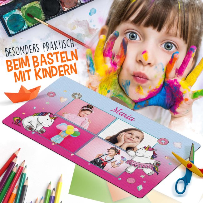 Schreibtischunterlage f&uuml;r Kinder - Einhorn - Donuts - mit Fotos und Name personalisierbar - in zwei Gr&ouml;&szlig;en