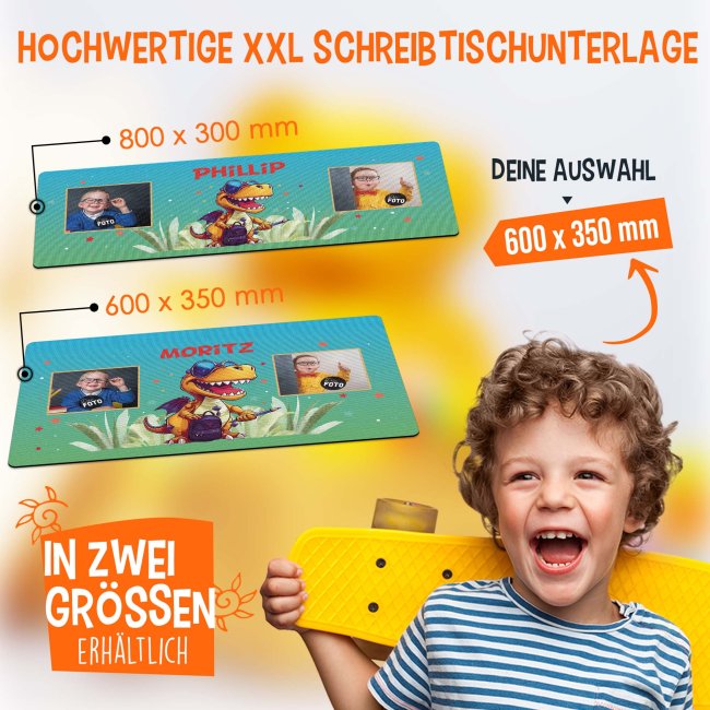 Schreibtischunterlage f&uuml;r Kinder - Dino - mit Fotos und Name personalisierbar - in zwei Gr&ouml;&szlig;en