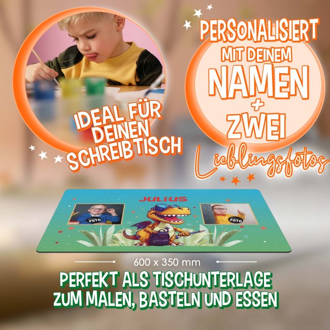 Schreibtischunterlage f&uuml;r Kinder - Dino - mit Fotos und Name personalisierbar - in zwei Gr&ouml;&szlig;en