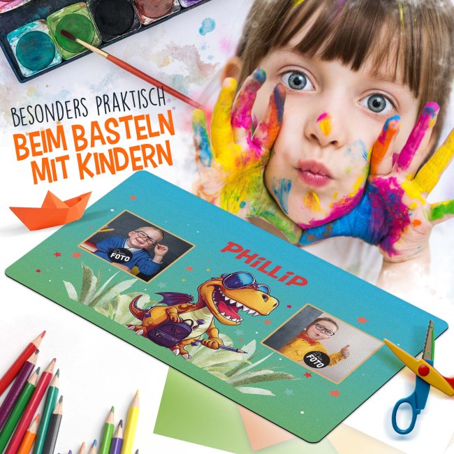 Schreibtischunterlage f&uuml;r Kinder - Dino - mit Fotos und Name personalisierbar - in zwei Gr&ouml;&szlig;en