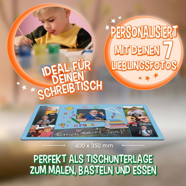 Schreibtischunterlage f&uuml;r Kinder - ABC - Lernen macht Spa&szlig; - mit Fotos personalisierbar - zwei Gr&ouml;&szlig;en und 5 Hintergr&uuml;nde