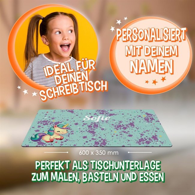 Schreibtischunterlage f&uuml;r Kinder - Einhorn - mit Name personalisierbar - zwei Gr&ouml;&szlig;en und 2 Farben