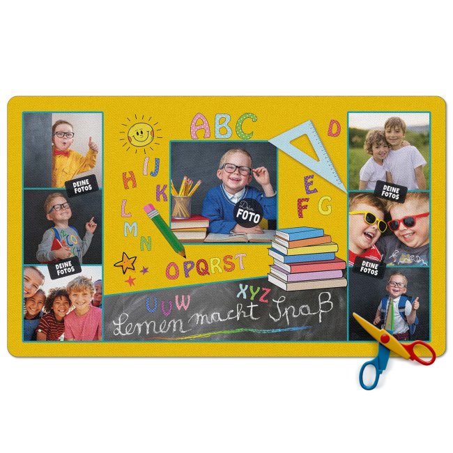 Schreibtischunterlage f&uuml;r Kinder - ABC - Lernen macht Spa&szlig; - mit Fotos personalisierbar - 60 x 35 cm - Gelb