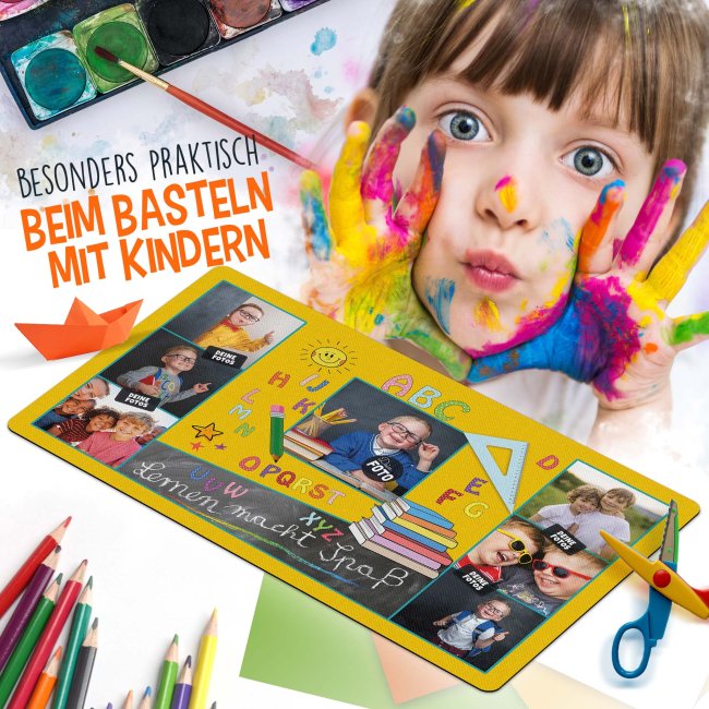 Schreibtischunterlage f&uuml;r Kinder - ABC - Lernen macht Spa&szlig; - mit Fotos personalisierbar - 60 x 35 cm - Gelb