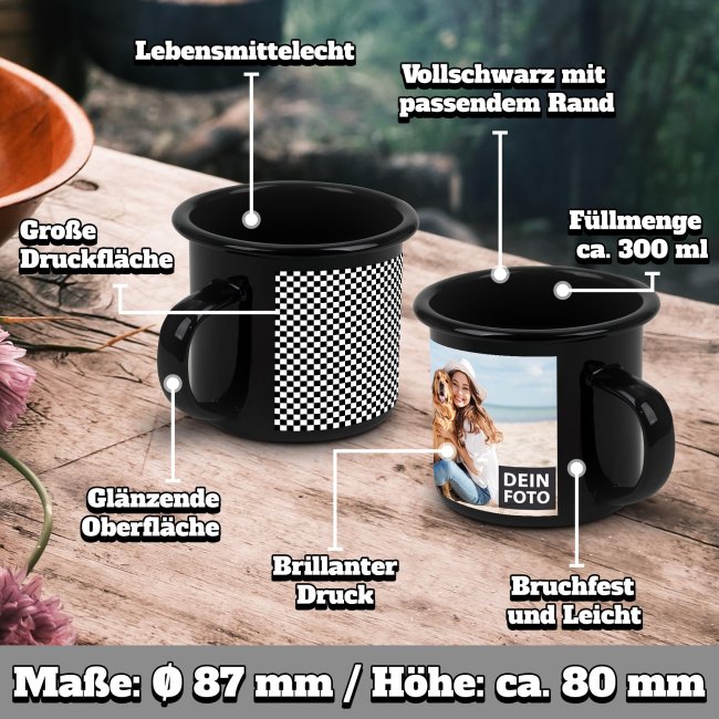 Schwarze Emaille-Tasse selbst gestalten - 300 ml