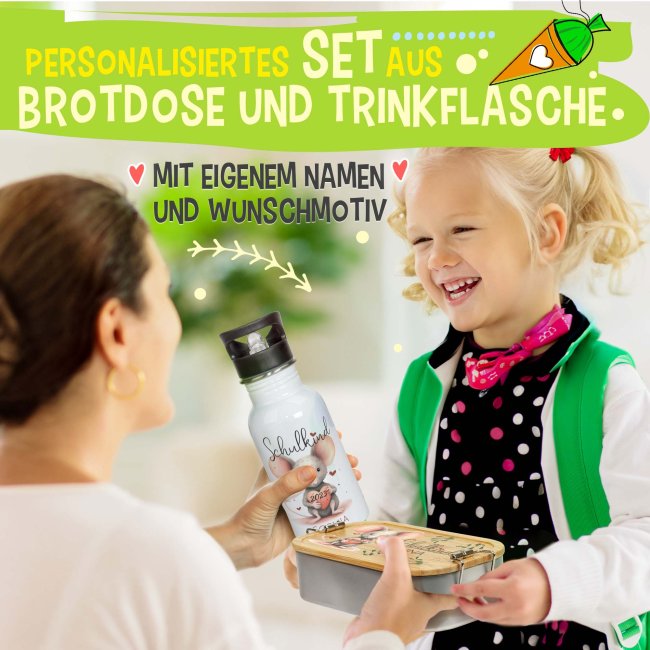 Geschenk-Set zur Einschulung - Trinkflasche &amp; Brotdose - mit 5 s&uuml;&szlig;en Tiermotiven zur Auswahl - mit Name und Jahreszahl personalisierbar