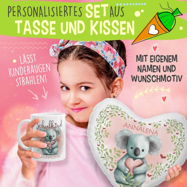 Geschenk-Set zur Einschulung - Herzkissen &amp; Keramiktasse - mit 5 s&uuml;&szlig;en Tiermotiven zur Auswahl - mit Name und Jahreszahl personalisierbar