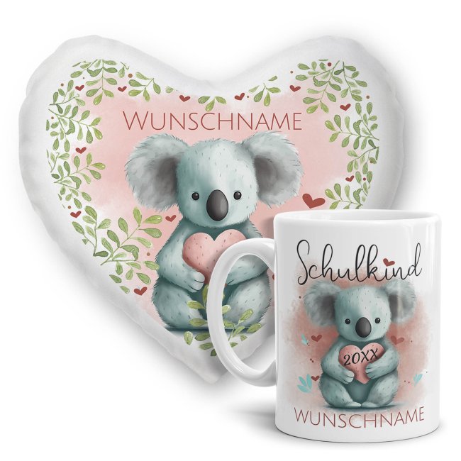 Geschenk-Set zur Einschulung - Herzkissen &amp; Keramiktasse - mit 5 s&uuml;&szlig;en Tiermotiven zur Auswahl - mit Name und Jahreszahl personalisierbar