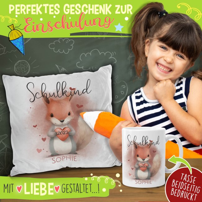 Geschenk-Set zur Einschulung - Kissen &amp; Tasse - mit 5 s&uuml;&szlig;en Tiermotiven und 3 flauschigen Kissenfarben zur Auswahl