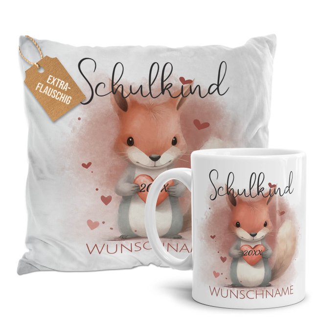 Geschenk-Set zur Einschulung - Kissen &amp; Tasse - mit 5 s&uuml;&szlig;en Tiermotiven und 3 flauschigen Kissenfarben zur Auswahl