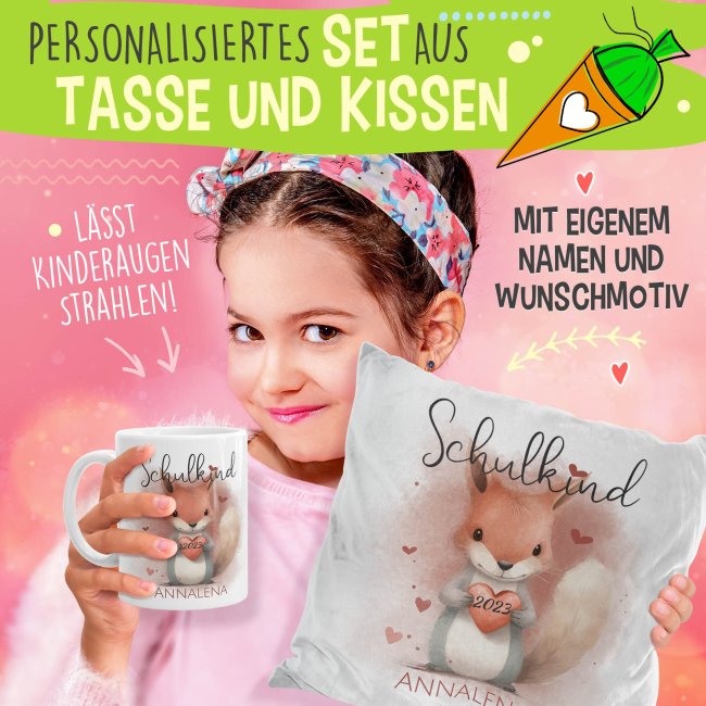 Geschenk-Set zur Einschulung - Flauschkissen wei&szlig; &amp; Tasse - Eichh&ouml;rnchen - mit Name und Jahreszahl personalisierbar