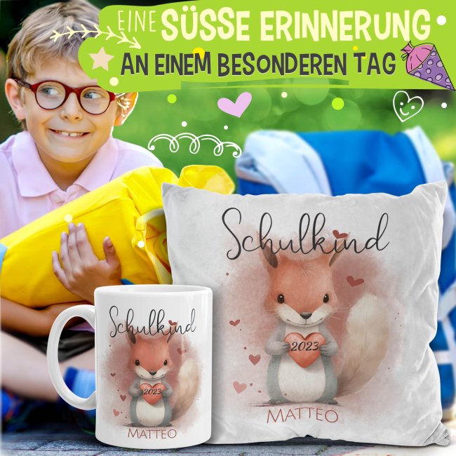 Geschenk-Set zur Einschulung - Flauschkissen wei&szlig; &amp; Tasse - Eichh&ouml;rnchen - mit Name und Jahreszahl personalisierbar