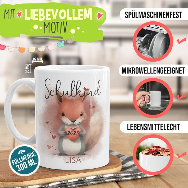 Geschenk-Set zur Einschulung - Flauschkissen wei&szlig; &amp; Tasse - Eichh&ouml;rnchen - mit Name und Jahreszahl personalisierbar